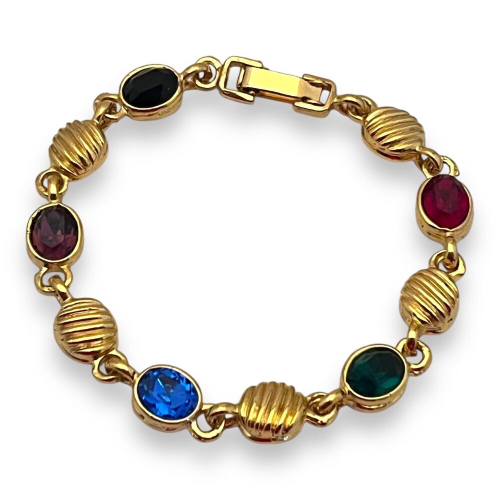 Vintage 1980s Crystal Bracelet Jewel Tone Cabochon Gold Tone Link - 8M